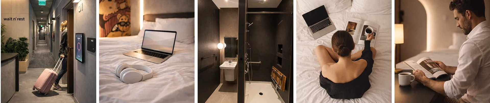 Wait N' Rest Miami cabins — hallway, bed with laptop and headphones, private shower, woman relaxing, man reading